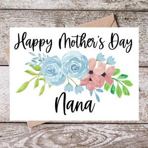 Tarjeta imprimible del Día de las Madres para Nana / Tarjeta Feliz Día de las Madres Nana / Tarjeta del Día de las Madres Abuela con Flores Azules y Rosadas / BP003