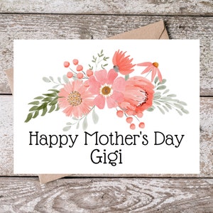 Tarjeta imprimible del Día de las Madres para Gigi / Tarjeta Gigi Feliz Día de la Madre / Tarjeta del Día de las Madres Abuela con Diseño Floral de Acuarela Rosa PF002