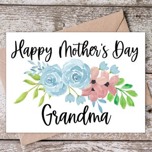 Tarjeta imprimible del Día de las Madres para la Abuela / Feliz Día de la Madre Tarjeta de la Abuela / Tarjeta del Día de las Madres Abuela con Flores Azules y Rosadas BP003