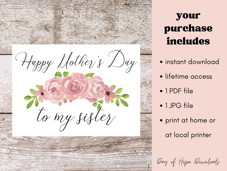Printable Sister Mothers Day Card Happy Mother's Day to - Etsy