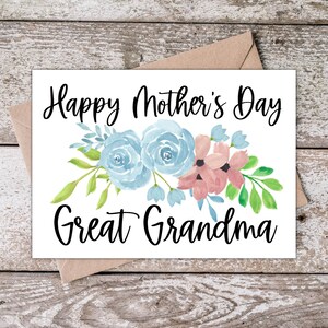 Cartão imprimível do dia das mães da grande avó | Avó feliz do dia das mães grande cartão comemorativo | Cartão de Dia das Avós com Flores Azuis e Rosa BP003