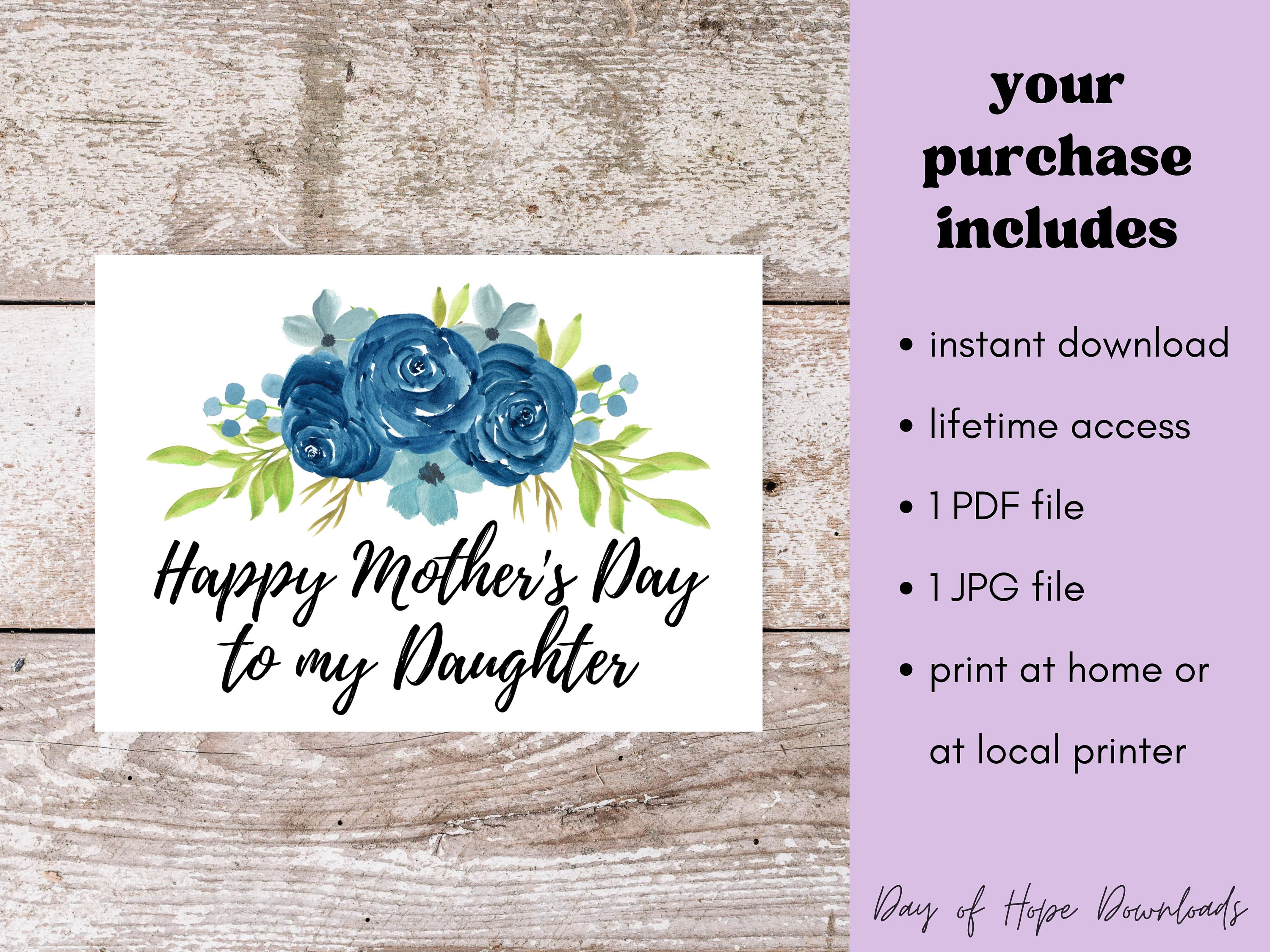 Printable Daughter Mothers Day Card Happy Mother's Day to My Daughter Mothers Day Card From Mom ...