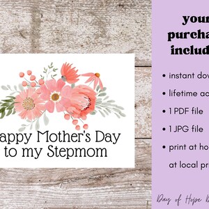 Printable Stepmom Mothers Day Card | Happy Mother's Day to My Stepmom | Mothers Day Card for ...