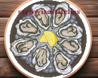 Austern und Zitronen Kreuzstichmuster: Farb- & Schwarzweiß-Muster (PDF Digitaler Download)