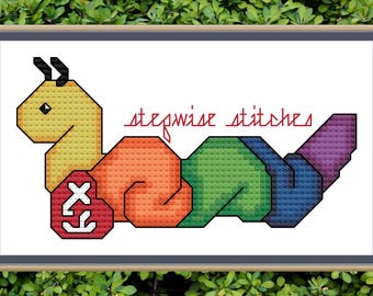 Regenbogen Raupe Kreuzstich PDF Muster (1 Seite und 4 Seiten)