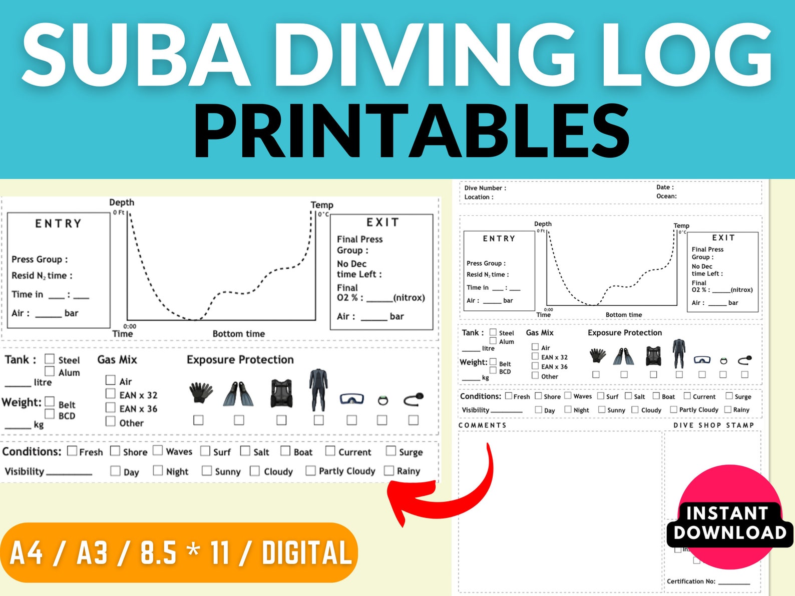 Scuba Diving Log PRINTABLE Scuba Dive Log Book Pages Dive Etsy