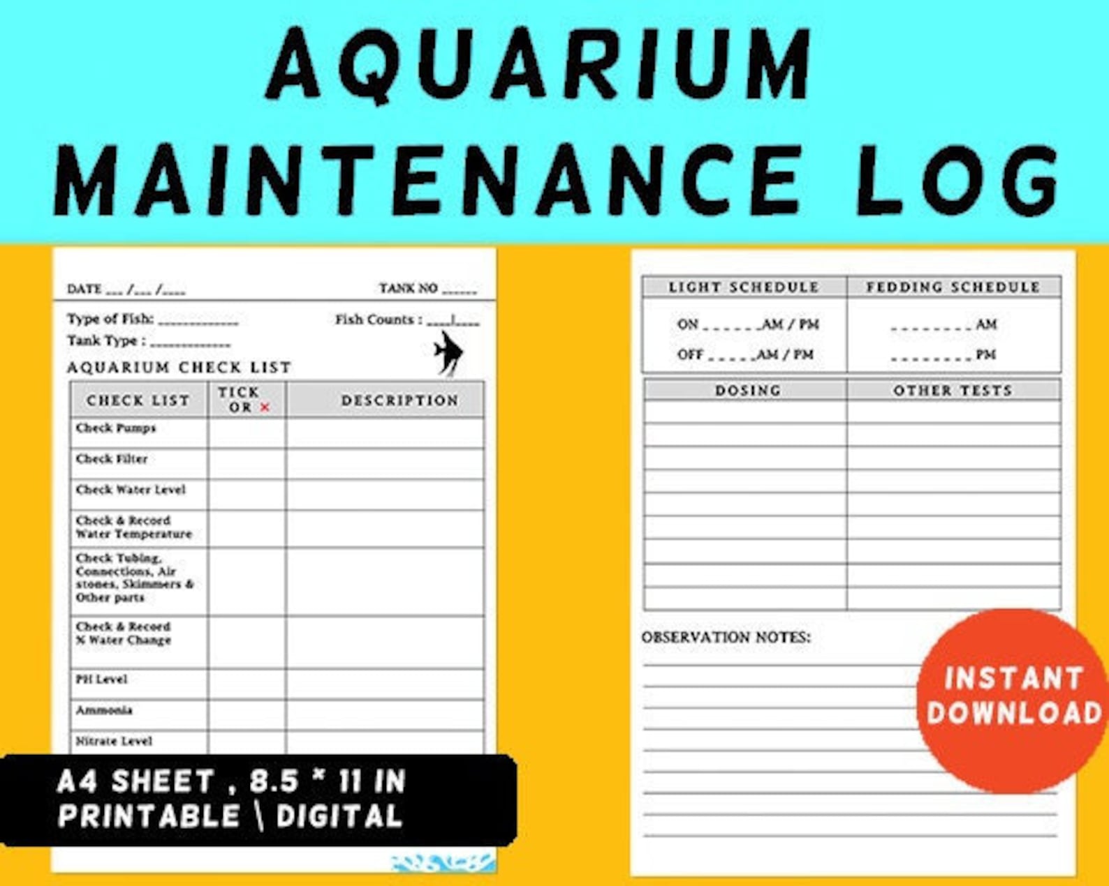 Aquarium Maintenance Log Checklist for Marine & Fresh Tank Etsy