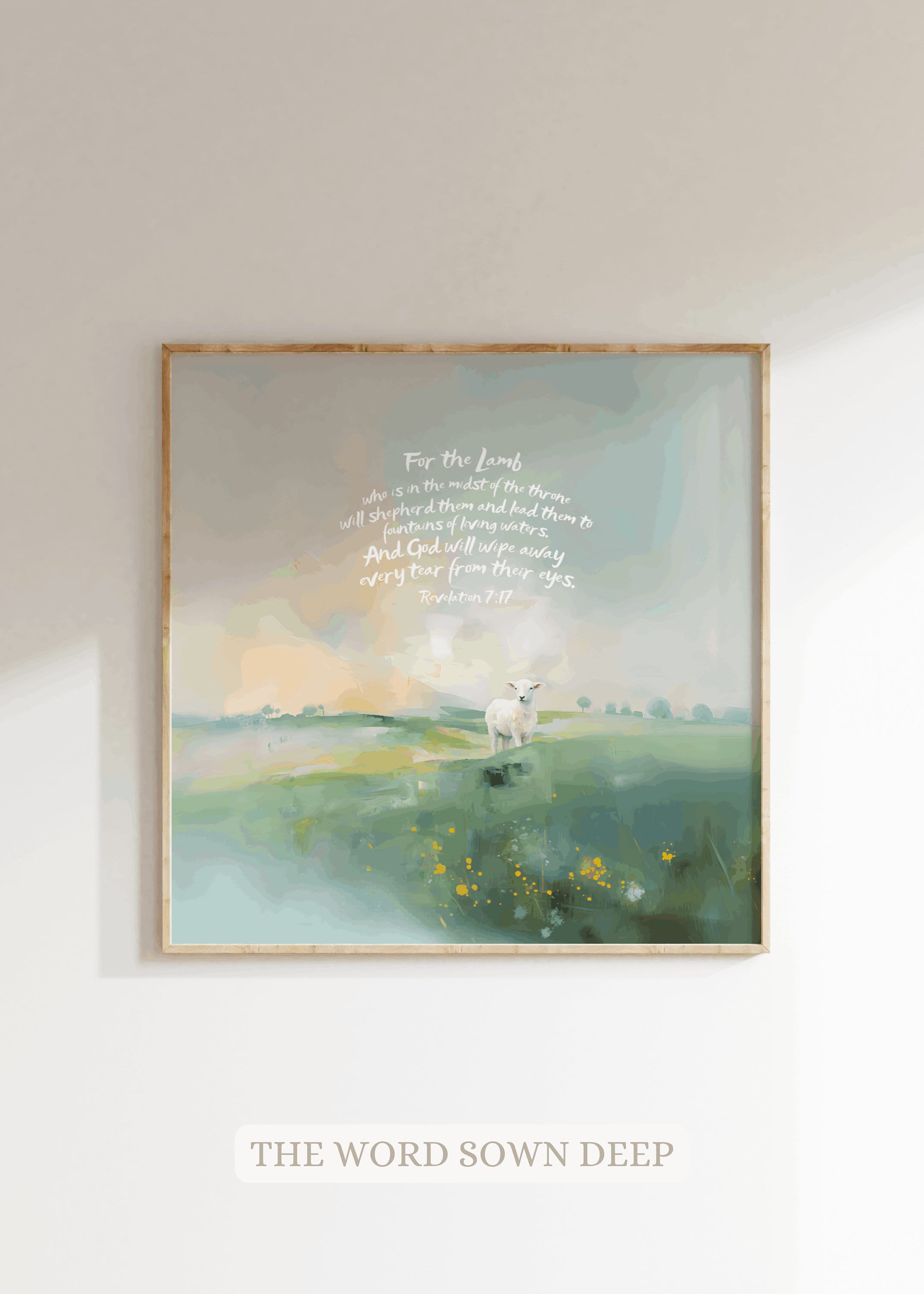Digital DOWNLOAD Lamb of God, Revelation 7v17 , sheep, shepherd, wipe, Psalm 23 Landscape Jesus Faith Art Christian Gift Prophetic Painting