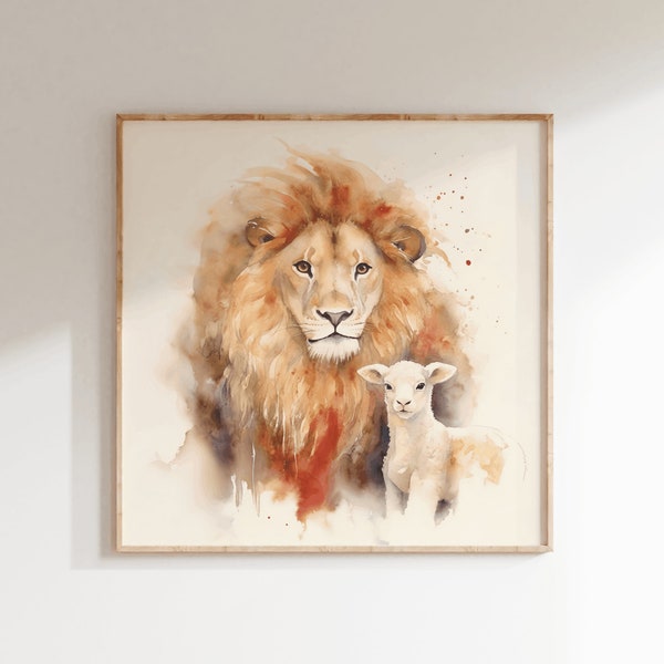Digital DOWNLOAD The Lion and the Lamb, Meekness and Majesty, Prophetic Art, Christian, Bible, Jesus, Watercolour, Painting, Nursery, Baby