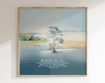 Digital DOWNLOAD Psalm 1 Tree, Psalms 1, Christian Landscape Painting Wall Art, Abide in the Word of God, Tree by River, Jesus Bible Gift