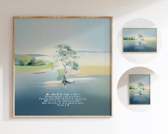 Digital DOWNLOAD Psalm 1 Tree, Psalms 1, Christian Landscape Painting Wall Art, Abide in the Word of God, Tree by River, Jesus Bible Gift