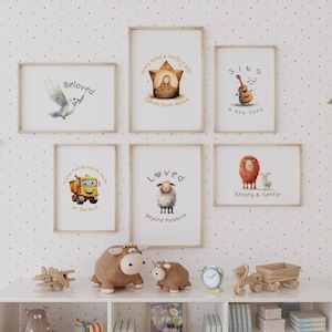 DESCARGA DIGITAL 6 Conjuntos de arte de pared para niños, guardería cristiana, niños pequeños, escuela dominical, collage, decoración, oveja, camión, león y cordero, regalo, arte bíblico