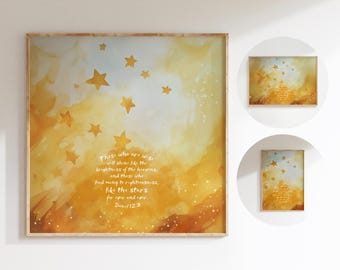 May include: A watercolor painting of a yellow and blue sky with stars. The painting has a quote from the Bible, "Those who are wise will shine like the brightness of the heavens, and those who led many to righteousness, like the stars for ever and ever. Daniel 12:3." The painting is framed in a wooden frame and has the words "The Word Sown Deep" written below it.