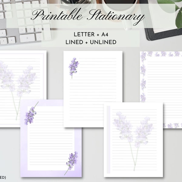 Printable Stationary, Lavender Theme, Set of 10: Letter Size and A4, Lined and Unlined, DIGITAL DOWNLOAD
