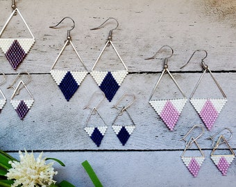 Seed bead handmade earrings, beaded earrings, triangle, minimalist, geometric, delicate, multiple colors and sizes