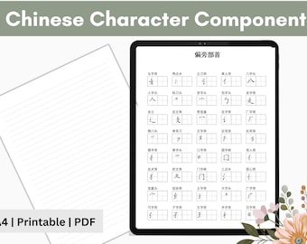 Chinese Character Component Sheet, 40 Common Chinese Radicals with Names, Learn Chinese Words Printable Template