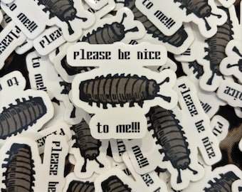 linocut bug sticker “be nice to me!!”