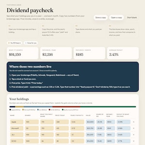 Könnte beinhalten: Eine digitale Benutzeroberfläche mit dem Titel Dividend paycheck auf beigem Hintergrund mit dunklem Text. Sie enthält Eingabefelder für Brokerdaten, ein dunkelblaues Anleitungsfeld und eine Tabelle Your holdings mit Aktiennamen, Anteilen, Preisen und Auszahlungen.