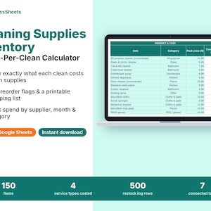 Cleaning Supplies Inventory & Reorder Tracker | Cost Per Clean Calculator | Cleaning Business Spreadsheet Excel Google Sheets
