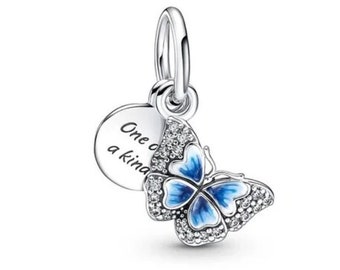 Silver Blue Butterfly and quote "One of a kind" Dangle Charm fits Pandora bracelet