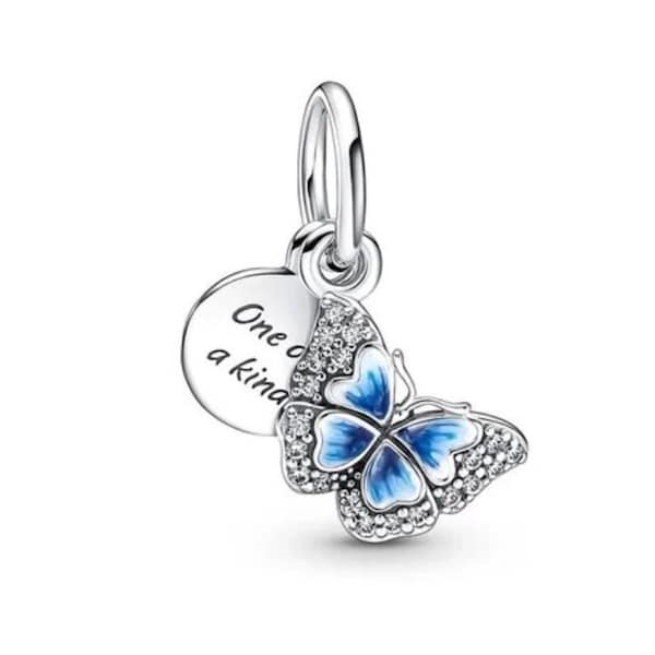 Silver Blue Butterfly and quote "One of a kind" Dangle Charm fits Pandora bracelet
