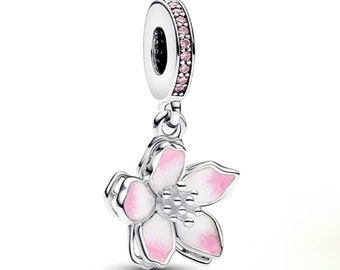 925 Silver Pink Spinning Cherry Blossom Flower Dangle Charm fits Pandora bracelet