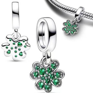 925 Silver PLATED Four Leaf Clover Dangle Charm fits Pandora bracelet and necklaces