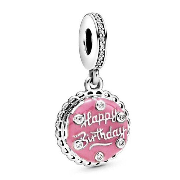 Silver Happy Birthday Pink Cake Dangle Charm fits Pandora bracelet