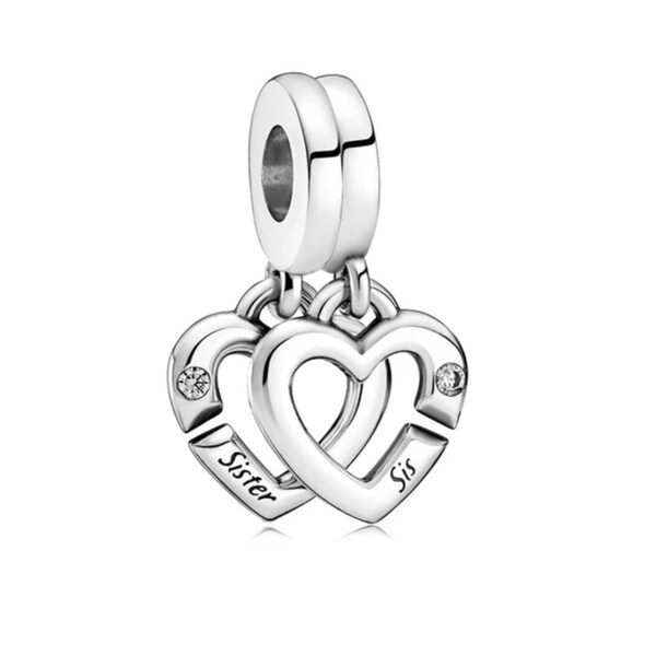 925 Silver PLATED Sister Love Heart Double Split Dangle Charm fits Pandora bracelet