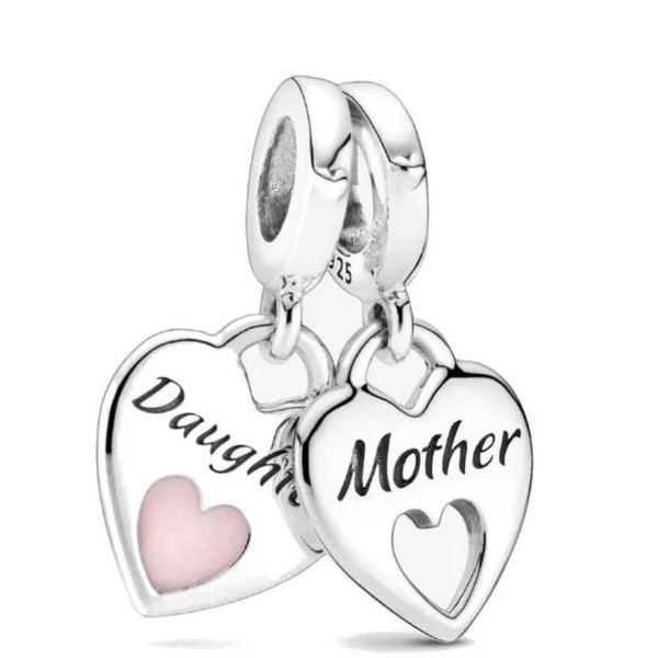 925 Silver Daughter Mother Double Dangle Charm fits Pandora bracelet