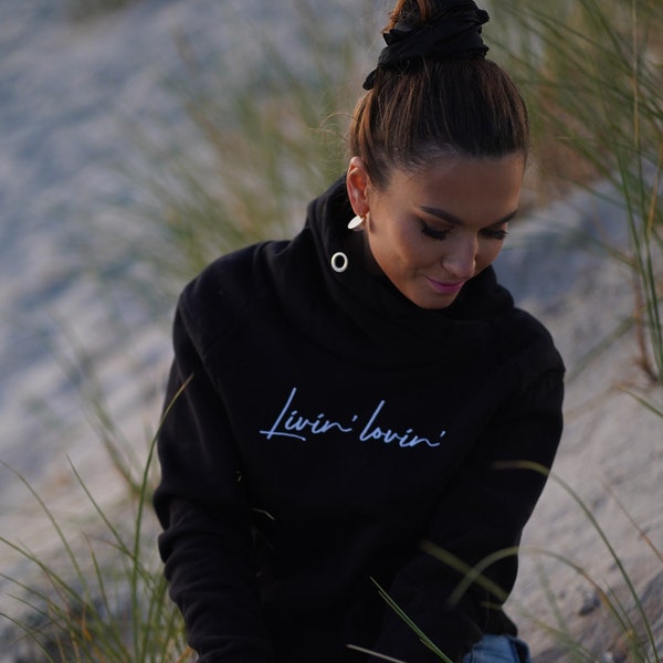 Sweat-shirt noir en coton biologique et polyester pour femme, Pull dame à manches longues Livin’lovin' avec décolleté de capot, vêtements de loisirs