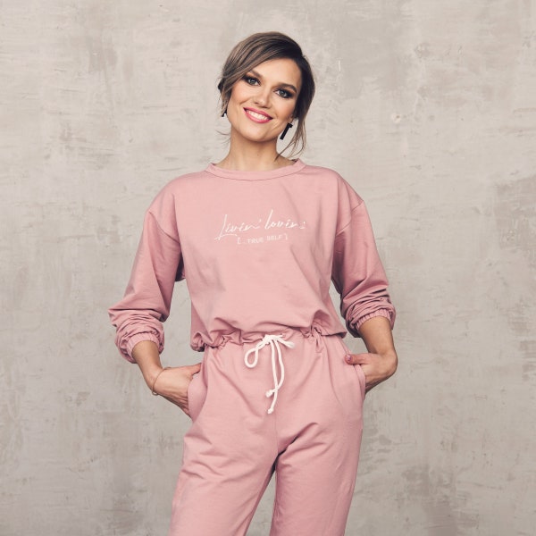 Stoffige roze biologisch katoenen casual jumpsuit voor vrouwen, Livin'lovin' overall met lange mouwen met zakken, vrijetijdskleding voor dames