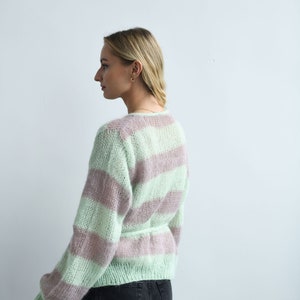 Light green-gray cardigan sweater for women with puff sleaves, V-neck , knitted mohair sweater image 4