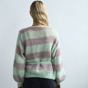 Light green-gray cardigan sweater for women with puff sleaves, V-neck , knitted mohair sweater image 3