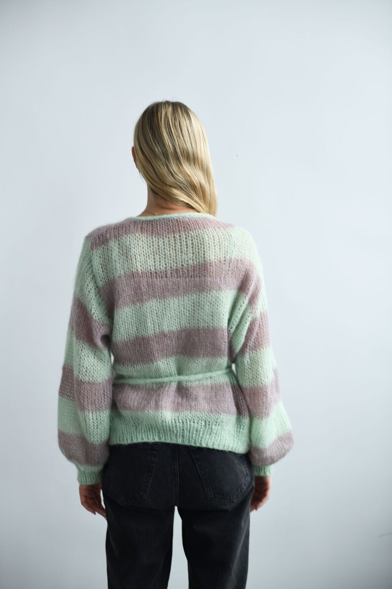 Light green-gray cardigan sweater for women with puff sleaves, V-neck , knitted mohair sweater image 3