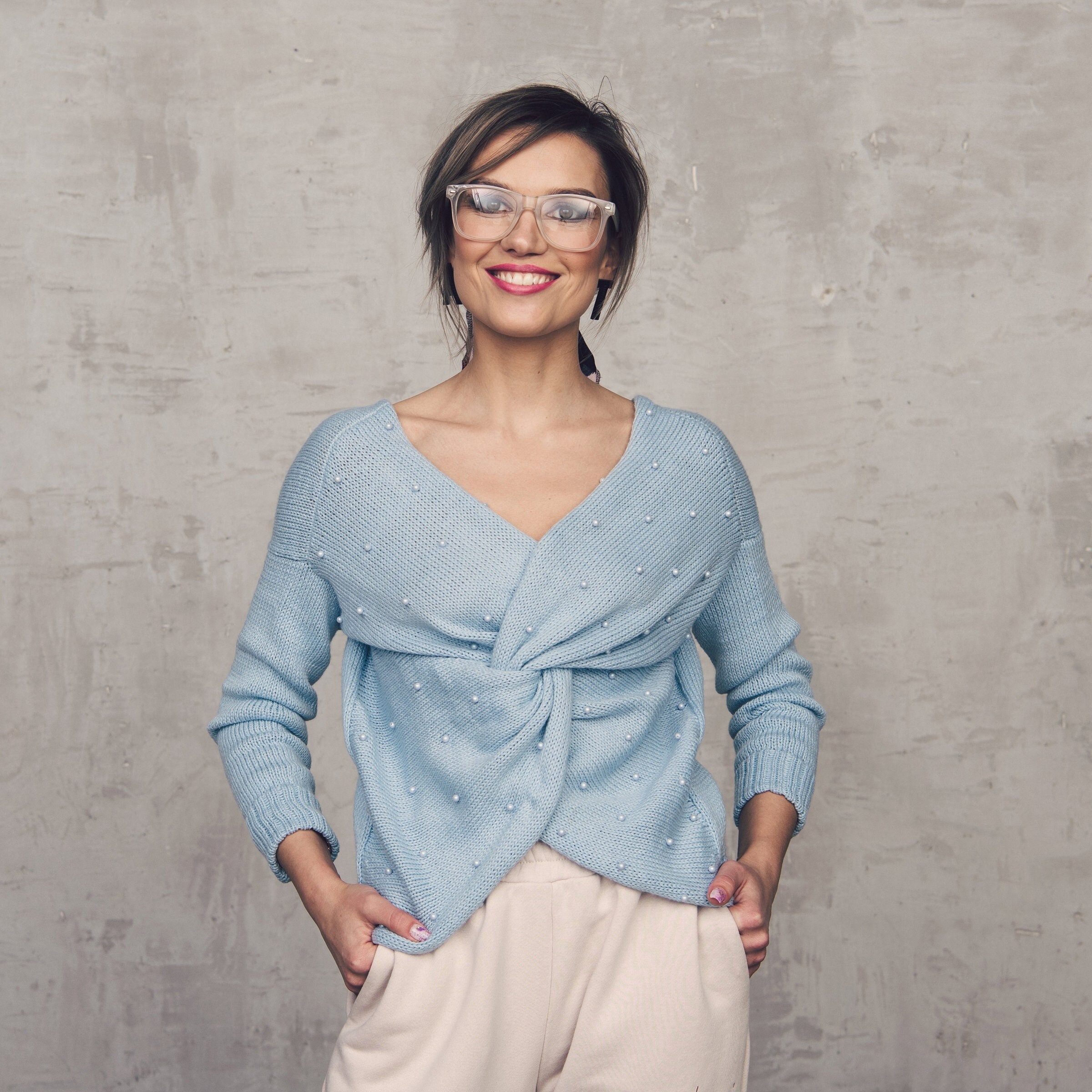 Elegant Blue Women's Sweater With Swarovski Pearls Hand - Etsy UK