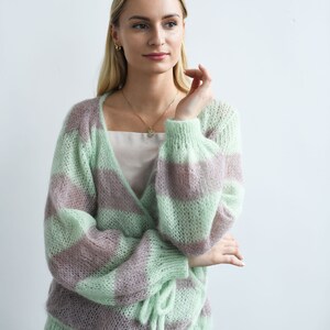 Light green-gray cardigan sweater for women with puff sleaves, V-neck , knitted mohair sweater image 2