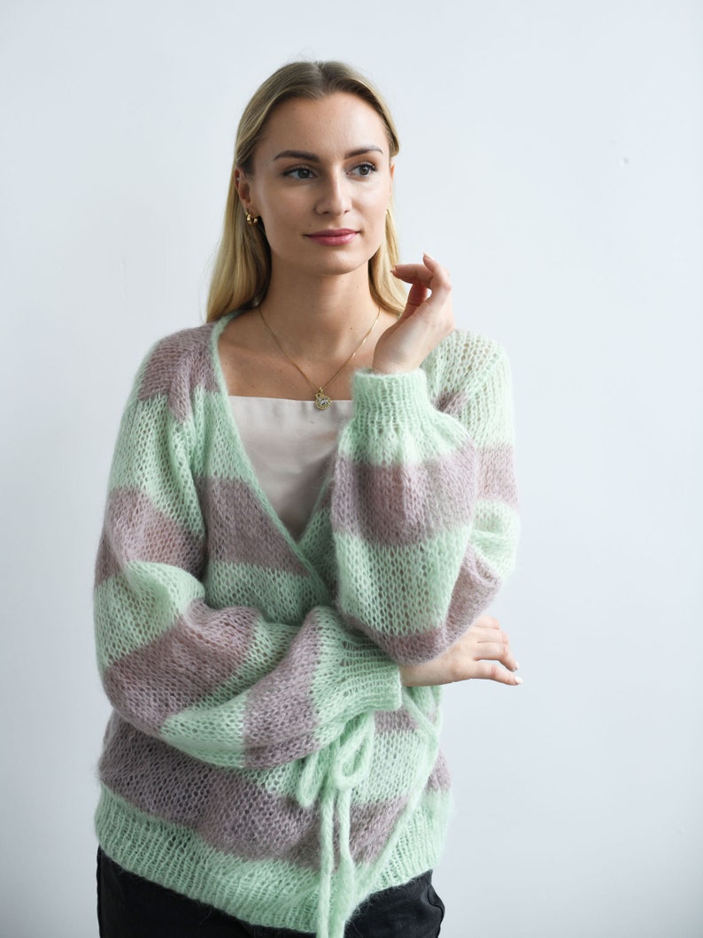 Light green-gray cardigan sweater for women with puff sleaves, V-neck , knitted mohair sweater image 2