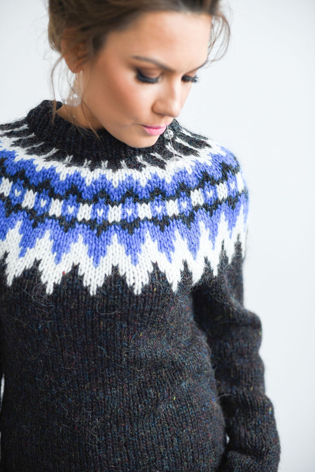 Dark Green Oversized Icelandic Sweater Lopapeysa for Women, Hand