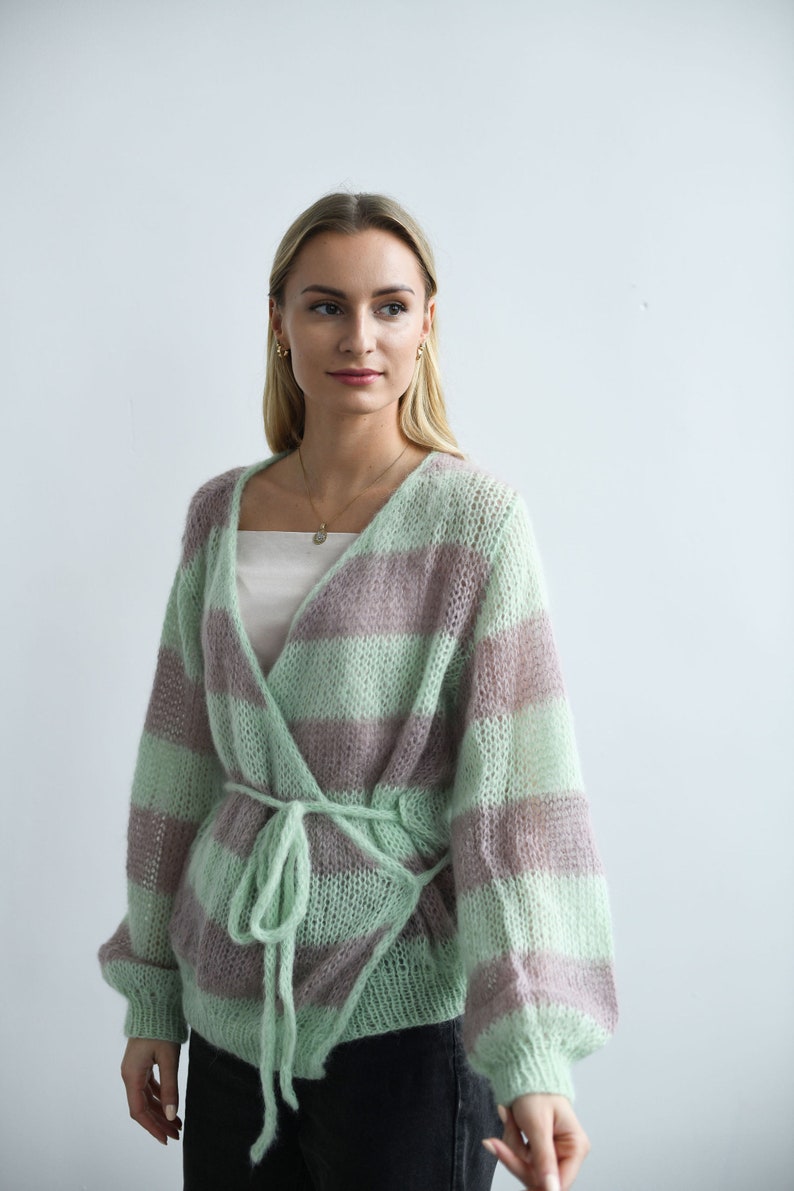 Light green-gray cardigan sweater for women with puff sleaves, V-neck , knitted mohair sweater image 1