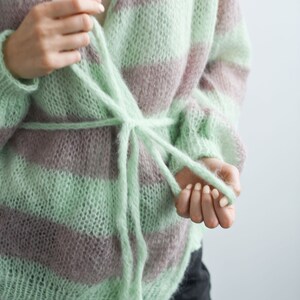 Light green-gray cardigan sweater for women with puff sleaves, V-neck , knitted mohair sweater image 5