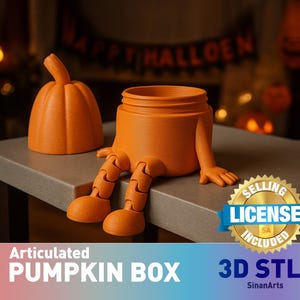 May include: An orange articulated pumpkin box with a separate pumpkin lid. The box has legs and feet, and the lid is a small pumpkin shape. The text "Articulated PUMPKIN BOX" and "3D STL" are visible.