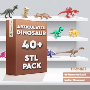 May include: A brown box with the text "Articulated Dinosaur 40+ STL Pack" on it. The box is sitting on a shelf with several 3D printed dinosaur models in various colors. The text "No Download Limit" and "Instant Download" is visible below the shelf.