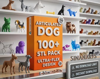 May include: An orange box labelled ARTICULATED DOG 100+ STL PACK ULTRA-FLEX DESIGN with a Google Drive logo. The box is surrounded by various small, multi-coloured, 3D-printed dog figurines on shelves and a counter with a sign reading SINANARTS.