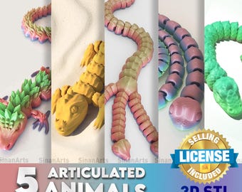 May include: A collage of five articulated animal figures in various colors. The figures include a dragon, a lizard, a snake, and two other snake-like creatures. The text "5 ARTICULATED ANIMALS" is displayed. A badge reads "SELLING LICENSE INCLUDED 3D STL".