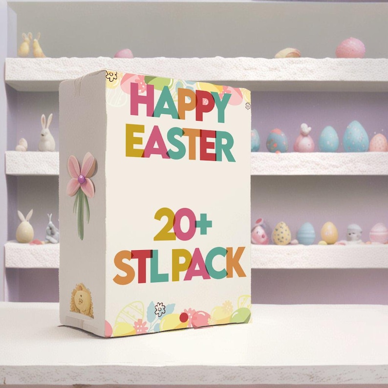 May include: A white box with a colorful design featuring the text "Happy Easter 20+ STL Pack". The box is decorated with flowers, eggs, and other Easter-themed elements.