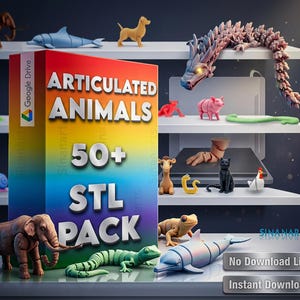 May include: A digital product box labeled ARTICULATED ANIMALS 50+ STL PACK with a rainbow gradient background. The box is surrounded by various 3D printed articulated animal figures including an elephant, lizard, dolphin, dragon, and cat.