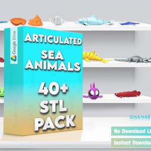 May include: A blue box with the text "ARTICULATED SEA ANIMALS 40+ STL PACK" on it. The box is sitting on a shelf with a variety of 3D printed sea animals in different colors.