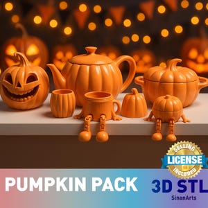 May include: An orange pumpkin-themed collection featuring a teapot, a jack-o'-lantern, a bowl, a cup with legs, and a small pumpkin. The background includes blurred pumpkins and festive lights. The text "PUMPKIN PACK 3D STL" is visible.