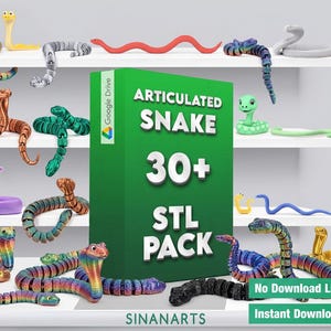 May include: A collection of various articulated snake figures in multiple colours and patterns, including rainbow, metallic, and solid tones. A large green box in the centre displays the text ARTICULATED SNAKE 30+ STL PACK and SINANARTS.